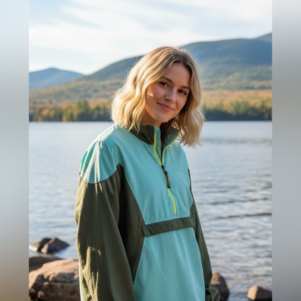 L.L. Bean Colorblock Nylon Anorak Pullover Jacket Green Teal XL Half Zip Hiking - Picture 3 of 12
